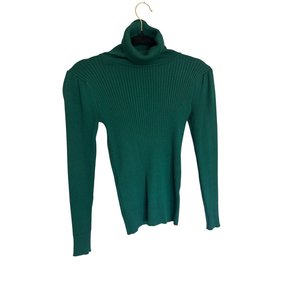 Tahari T Green Ribbed Turtleneck Sweater Puff Shoulder Long Sleeve XS TP